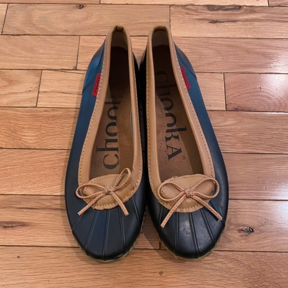 Chooka Duck Skimmer Navy Blue Tan Waterproof Rain Ballet Flats Womens Size 9